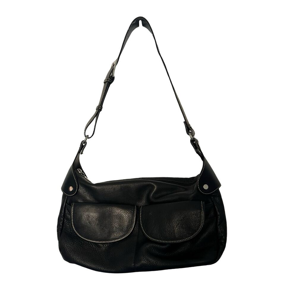 MAXX New York Black Leather Shoulder Bag Hobo Purse Large Pocket Handbag Silver